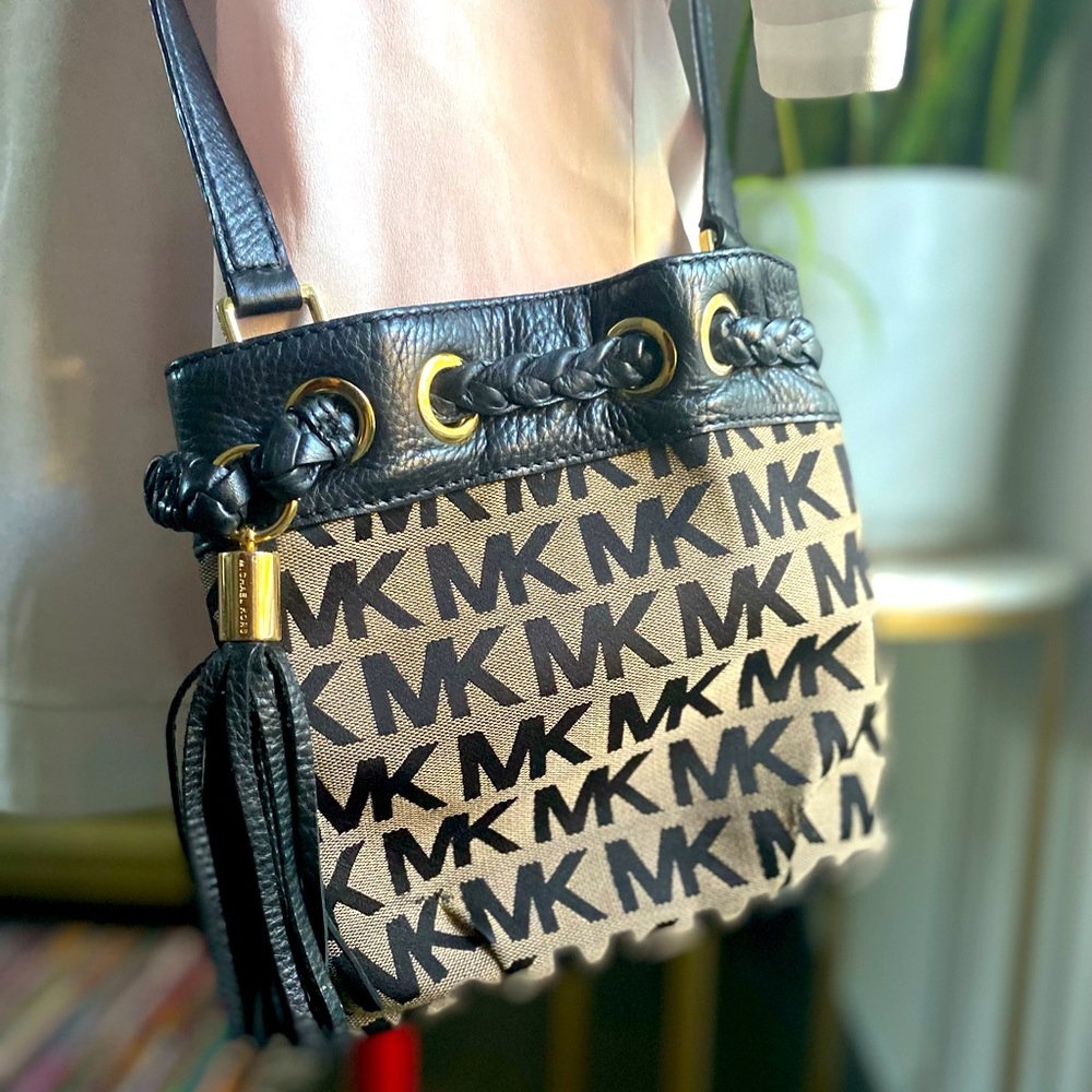 Michael Kors genuine leather and canvas crossbody purse